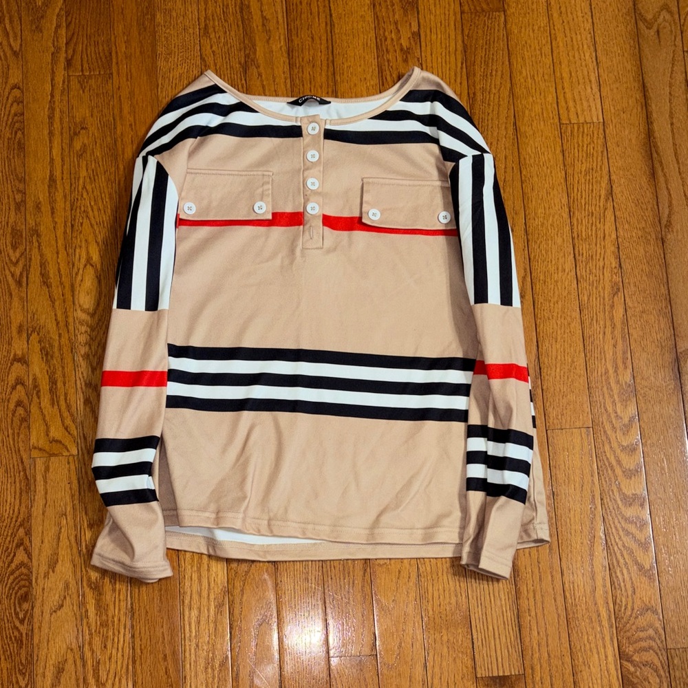Stylish Women’s Striped Tan and Black Shirt